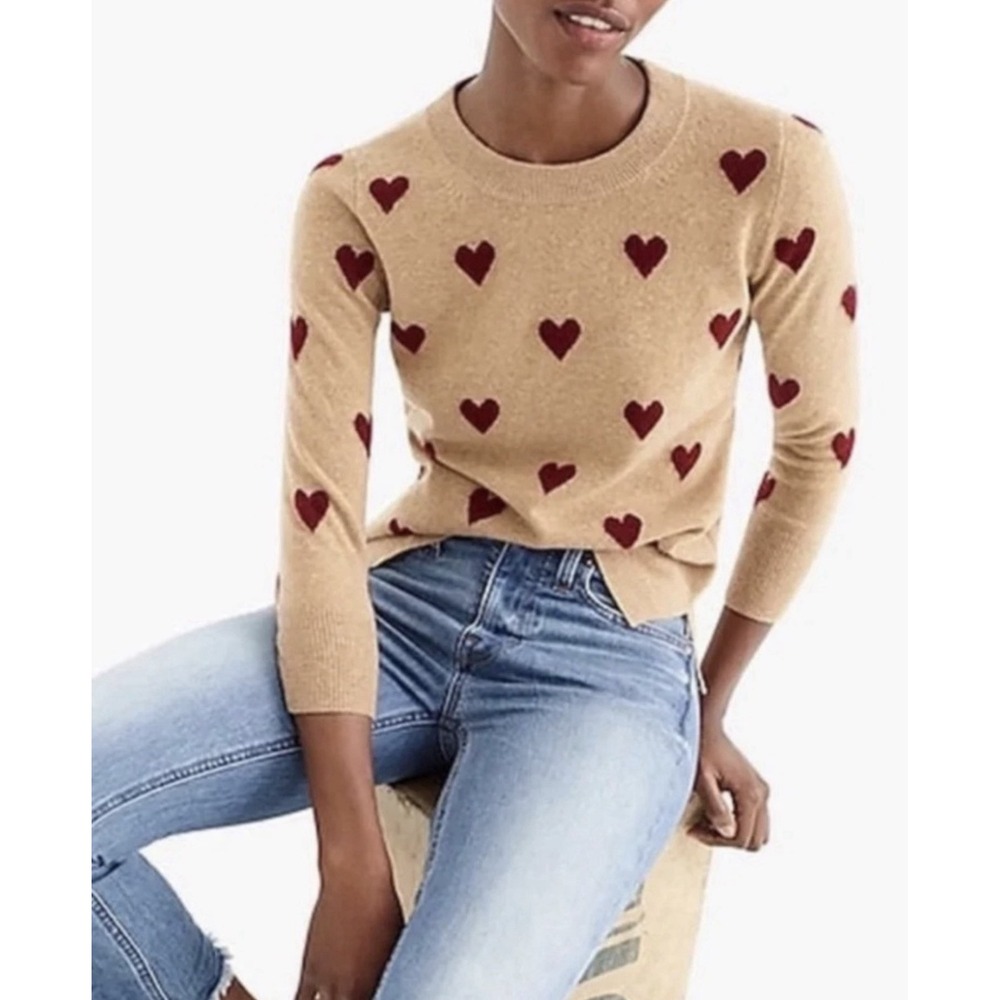 Crew Sz S 100% Cashmere Heart Crewneck Sweater Coquette Soft Girl Minimalist Tan